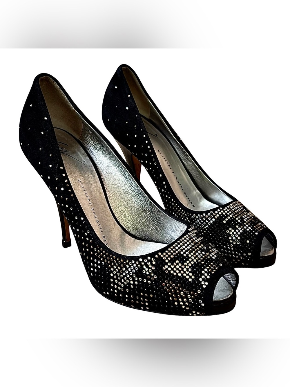 🌹GIUSEPPE ZANOTTI Black Suede Gold & Silver Jeweled Peep Toe Heels 🌹